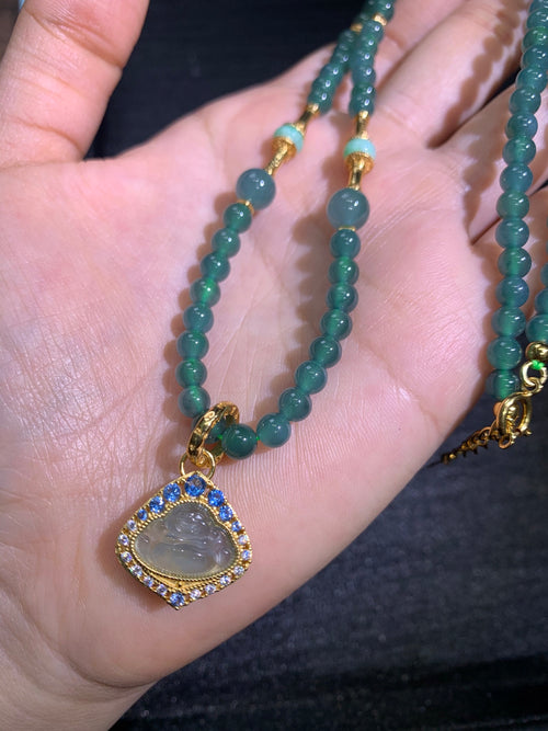 Guatemala Jade Buddha Pendant Necklace S925 bead size 4mm