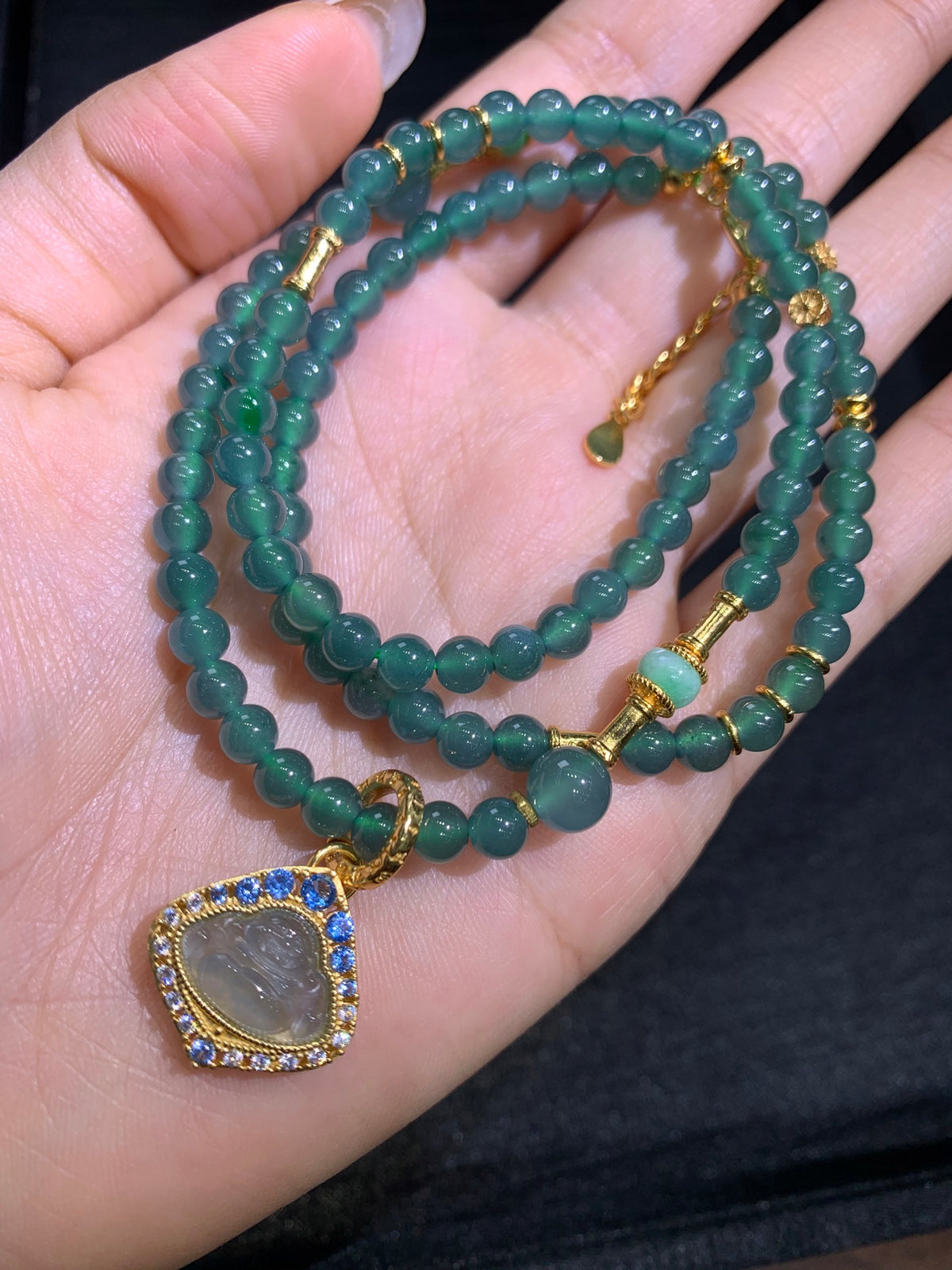 Guatemala Jade Buddha Pendant Necklace S925 bead size 4mm