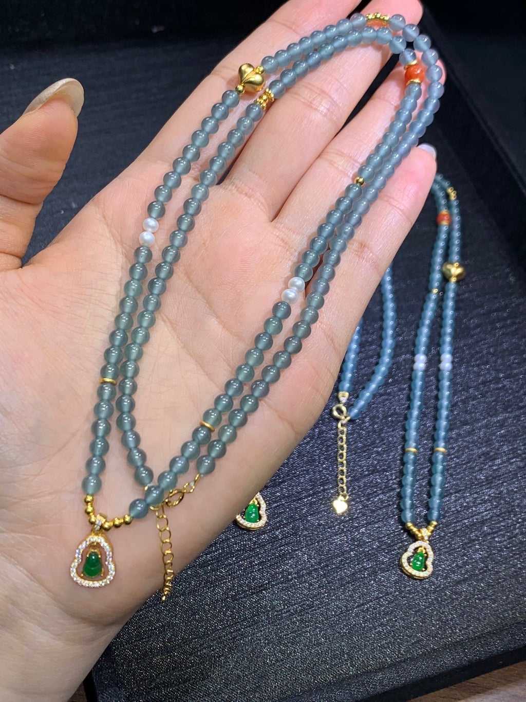 Imperial green Guatemala Jade Gourd Necklace S925 bead size4+mm