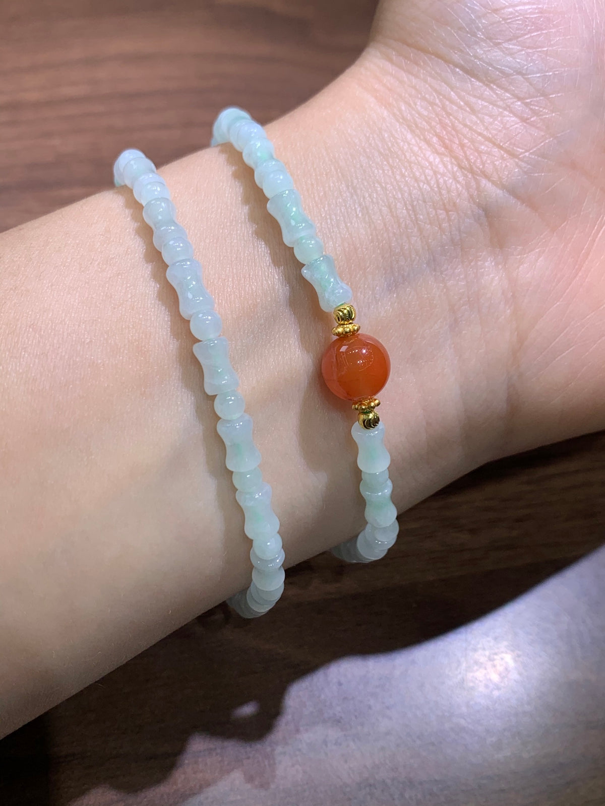 Jade Bamboo  and NanHong Agate Bracelet~ bamboo size 5mm✖️3mm，bead size 3.5mm+ S925