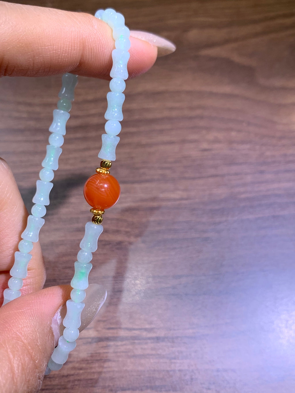 Jade Bamboo  and NanHong Agate Bracelet~ bamboo size 5mm✖️3mm，bead size 3.5mm+ S925