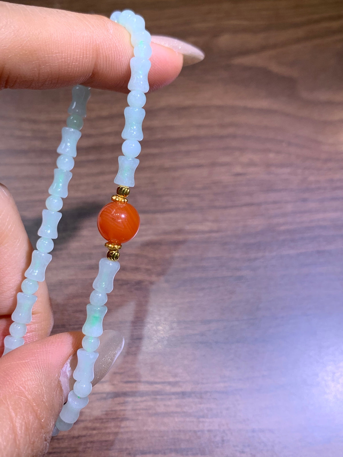 Jade Bamboo  and NanHong Agate Bracelet~ bamboo size 5mm✖️3mm，bead size 3.5mm+ S925
